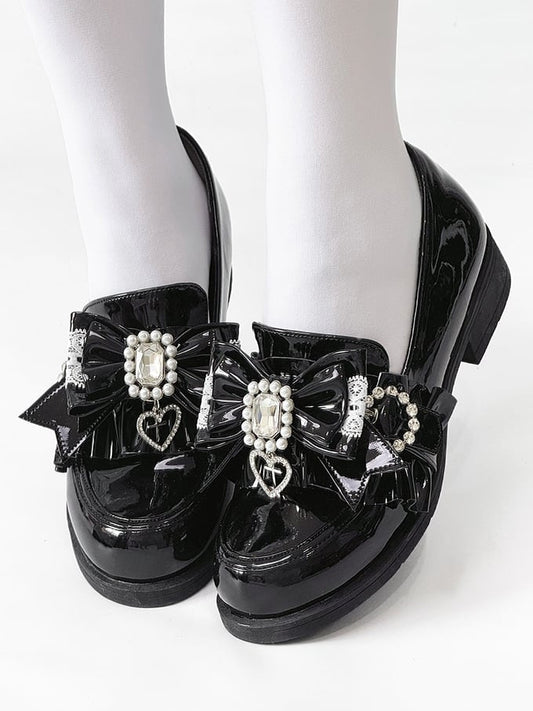 Jirai Detachable Polished Loafers Rhinestone - with Trim Design Black Slip-On Kei Beads And Decor Bow Ruffle