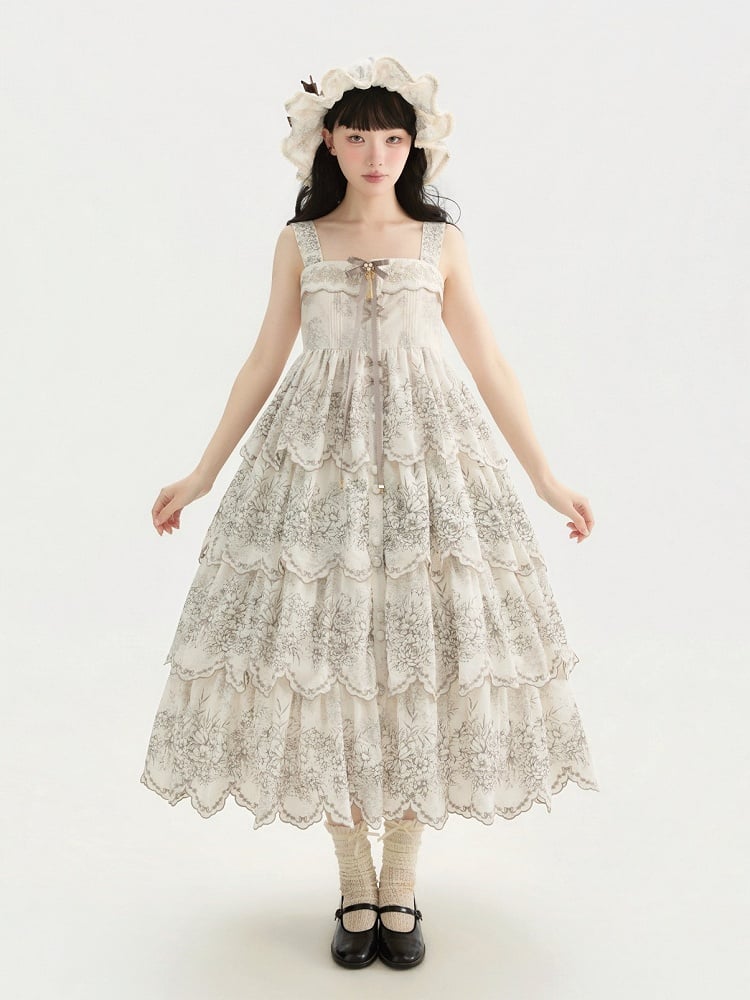 White Classic Scallop Trim Skirt Lolita Print Embroidered Layered Floral Jumper with