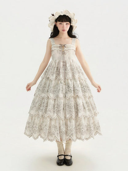 White Classic Scallop Trim Skirt Lolita Print Embroidered Layered Floral Jumper with