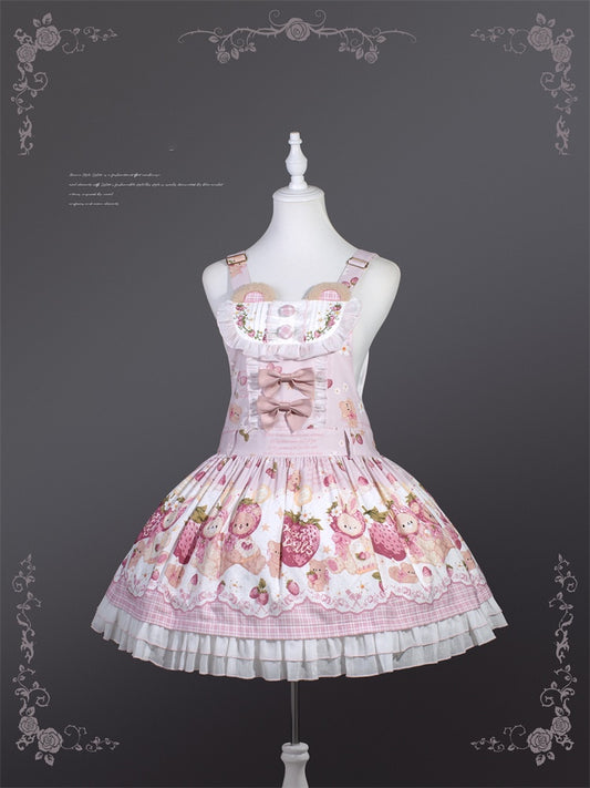 Pink Strawberry Bear Sweet Lolita Dress Cottagecore Country Jumper Skirt