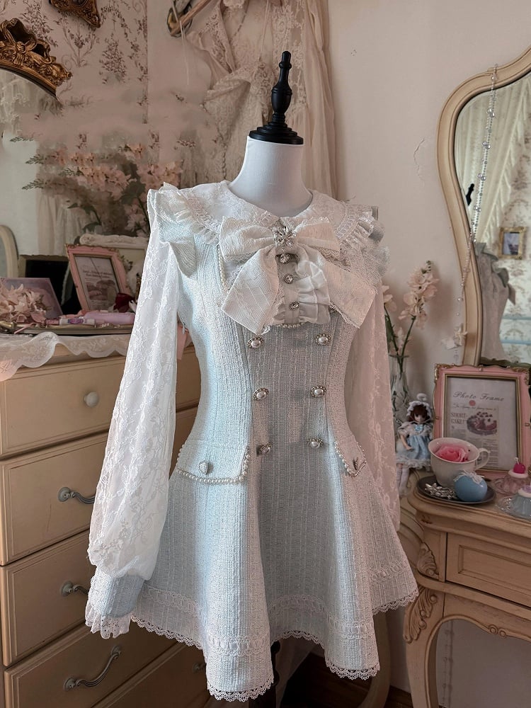 Tweed Shorts Long-Sleeve Matching Lace Kei Blue Fresh Light Dress Jirai + Set