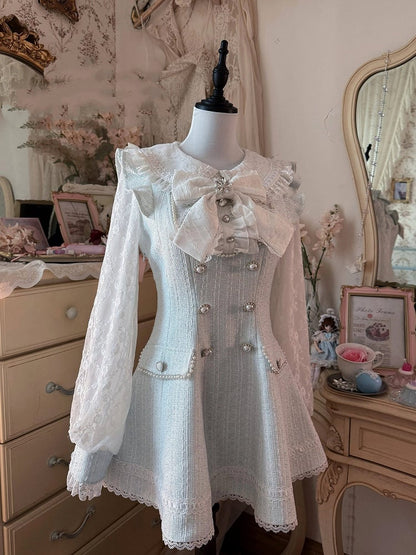 Tweed Shorts Long-Sleeve Matching Lace Kei Blue Fresh Light Dress Jirai + Set