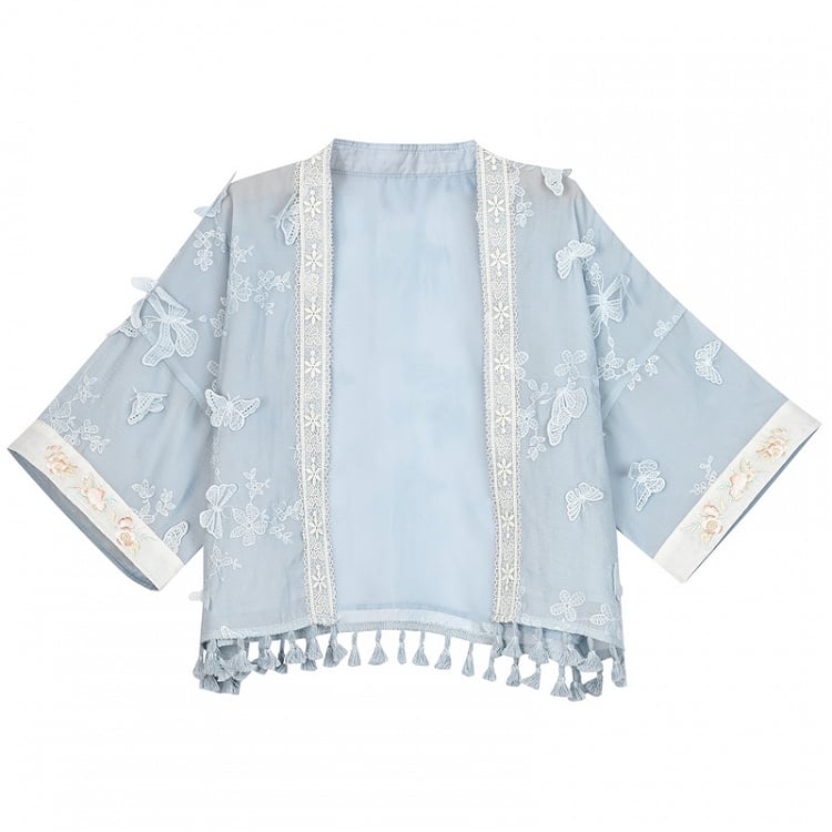 Top mit Quasten und Schmetterlingsdesign, blauer Saum, lange Stickerei, florale Ärmel