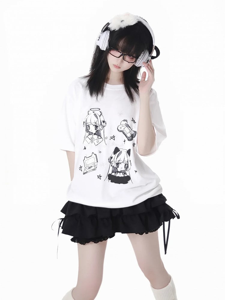 Gray T-shirt Anime Girl Print White/Dark Round Neck Cotton