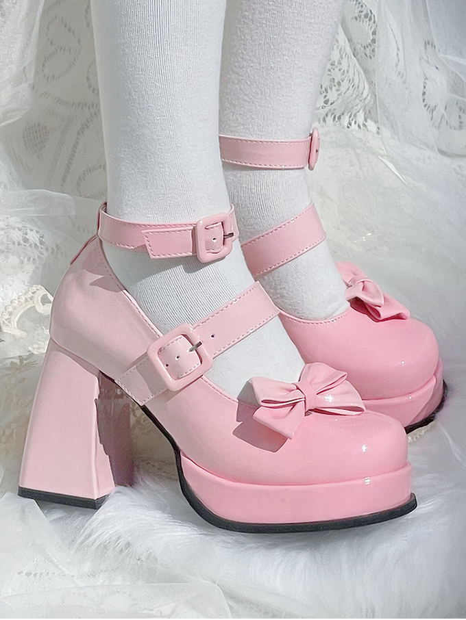 グラデーションピンクの取り外し可能な蝶結びプラットフォームハイブロックヒールロリータシューズ