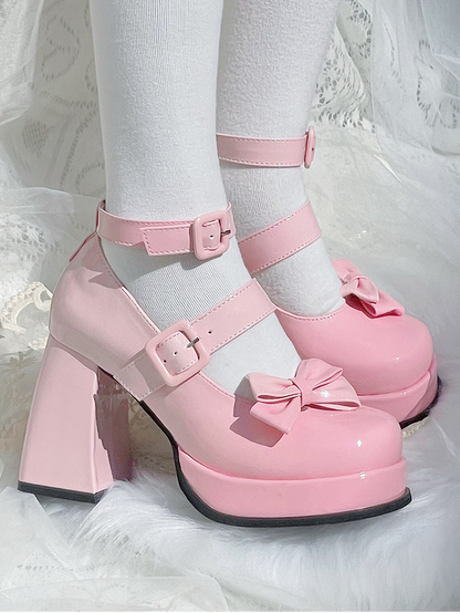 グラデーションピンクの取り外し可能な蝶結びプラットフォームハイブロックヒールロリータシューズ
