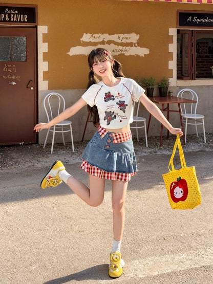 ツーピース ティアードデニムスカート レッドチェックヘム ブルーハイウエストフェイク