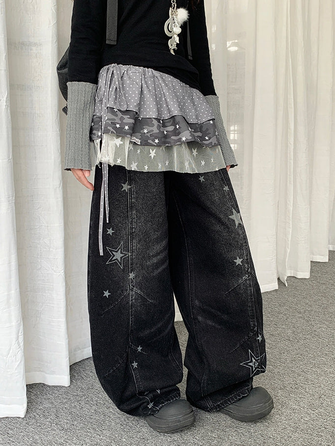 Pattern Jeans Star Wide-leg Distressed with Y2K Design Black