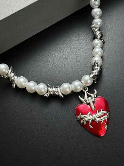 White & Red Y2K Heart Pendant with Pearl Charm - YSHXS
