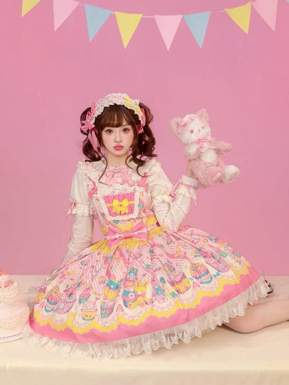 Trim Flutter and Sleeves Yellow Lolita JSK Cupcake with Dress Prints Sweet Lace Pink