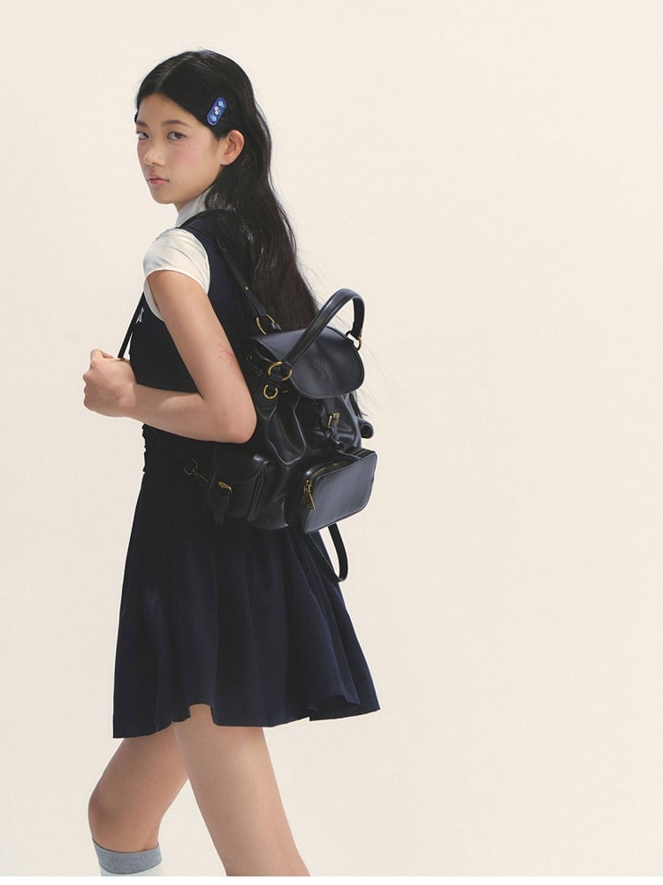 Navy Academy White Two-Piece Dress with Style Blue Retro Fake Details Pleated