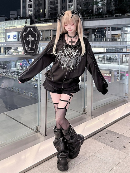 Distressed Black Thorn Graphic Jirai-Kei Hooded Jacket with Stud Accents - Puppet Bombs