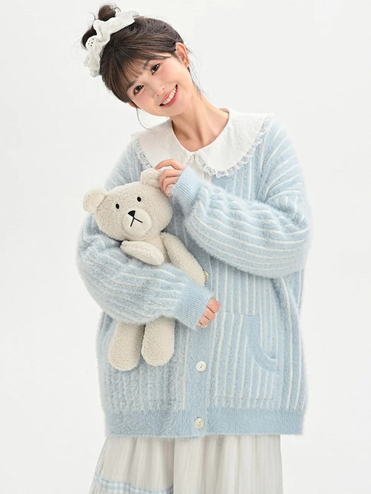 Cute Little Bear Plushie Adorned  Blue Striped Loose Cardigan