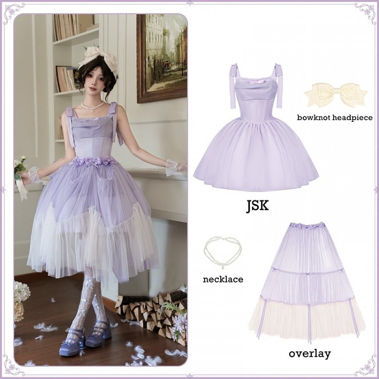 Lilafarbenes, schimmerndes Kleid mit Taillenbund JSK Lolita Basque mit Stäbchen