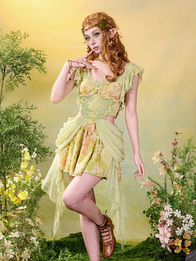 Green Fairycore Mori Lace A-Line Sleeveless Cut-out Dress - Virtual Orbit