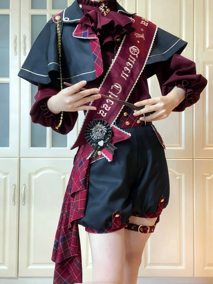 Black and Red Gryffindor Plaid Pattern Ouji Lolita Set Cape + Shorts