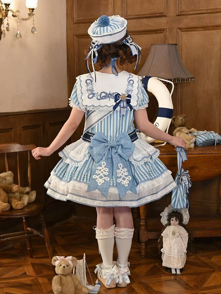 Light Blue Striped Low Waist Sailor Dress with Embroidery - Twin Bear Original Design