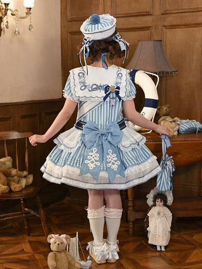 Light Blue Striped Low Waist Sailor Dress with Embroidery - Twin Bear Original Design