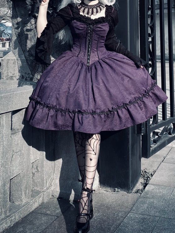 Gothic Purple Dress Straps Jumper Waist Spaghetti Skirt Corset Lolita