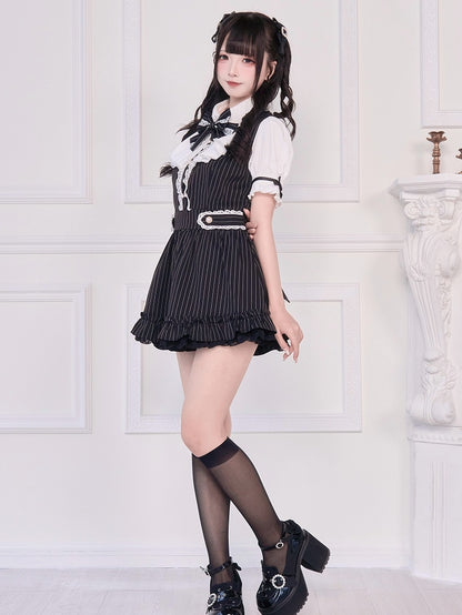 Jirai Kei Black Set: Short Sleeves Dress with Self-tie Back Straps and Shorts Striped