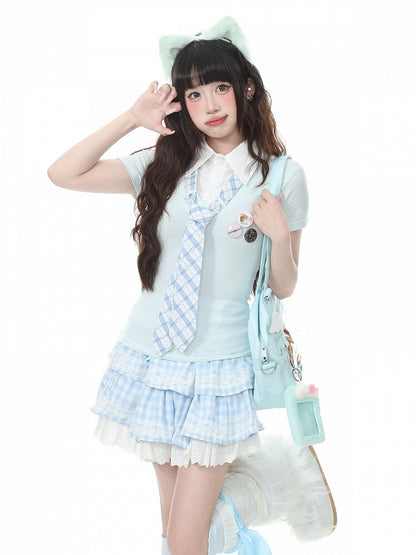 Preppy Fake Two-Piece Turn-Down Collar Short Sleeve Top in Light Blue with Plaid Tie and Badges - Languid Park