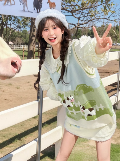 グリーン牧草地牛柄ニットベスト