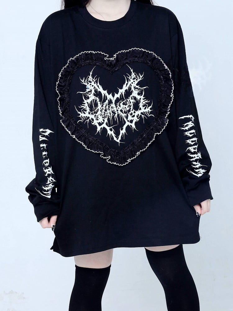 Jirai Black Ruffle Printed Kei Long-Sleeve Heart Trim T-Shirt