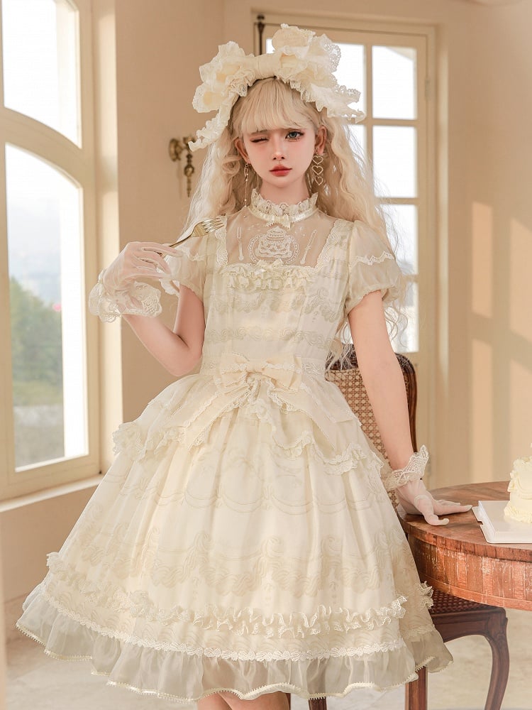 Lolita White One Short Piece Sleeves Neckline Illusion Creamy