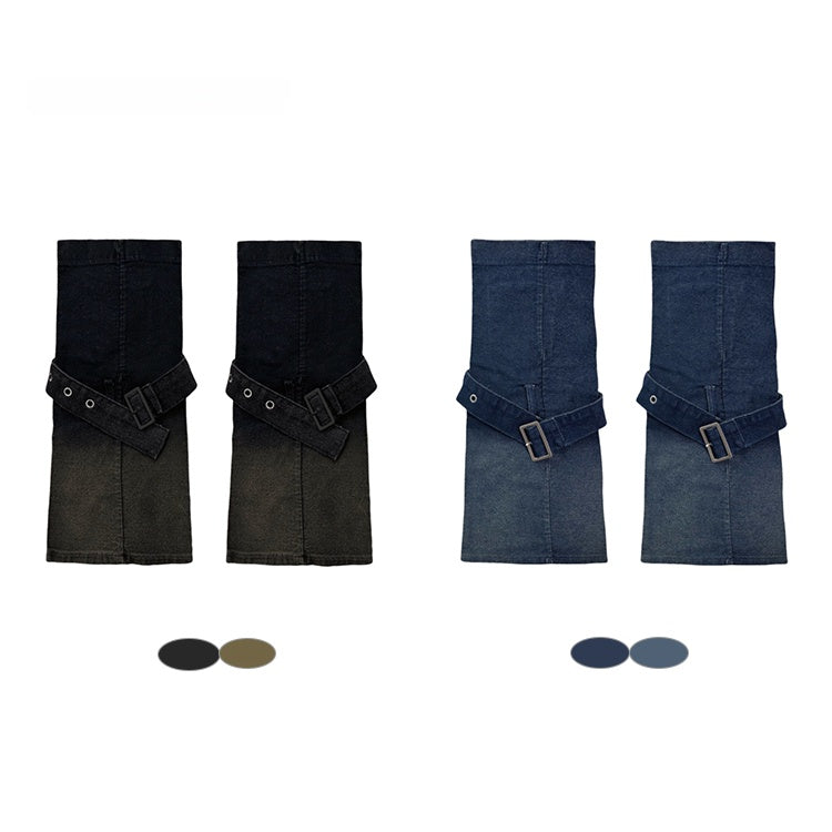Blue/Black Color Gradient Leg Design Denim Loose Y2K Buckle Strap with Cuff Warmers