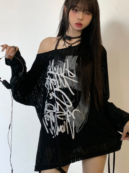 Loose Black Graffiti Pullover Print Fit Knit with Off-the-shoulder