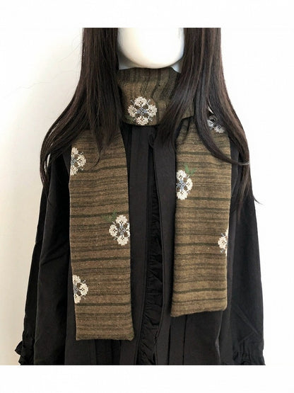 Olive Green Floral Embroidered Striped Scarf - freetrader