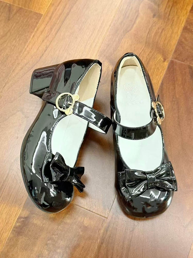 Bow Black Toe Buckle Bear Sweet Lolita Shoes Mid-heel - 5cm Round Accents in