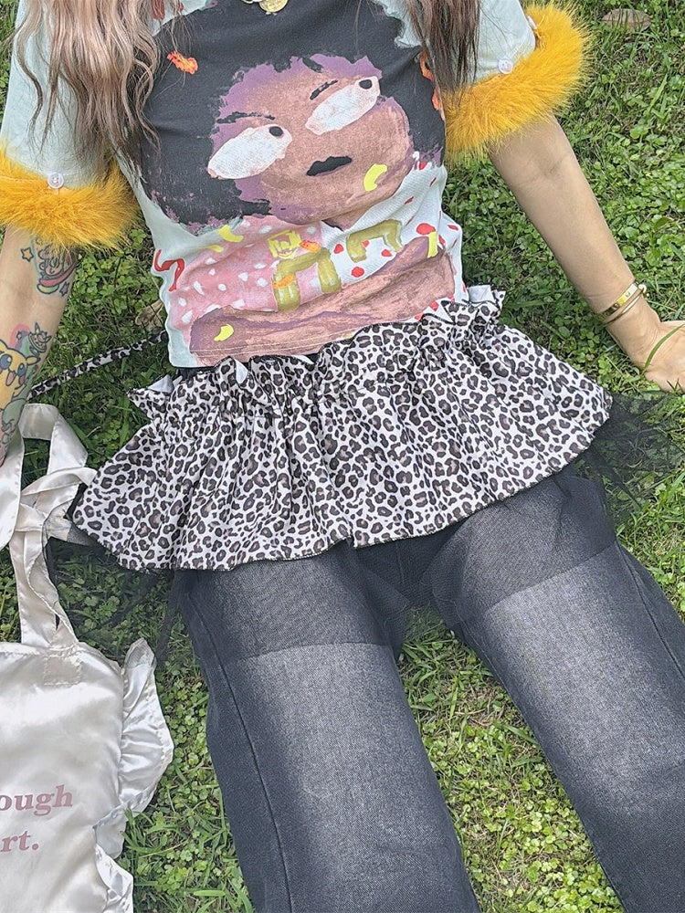 Y2K Accessoire Leopard Glamouröses Braun/Grau Muster Hosenbesatz Spitze