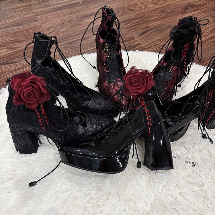Black/Red - Punk Gothic High Heels Clips Block Black Flower