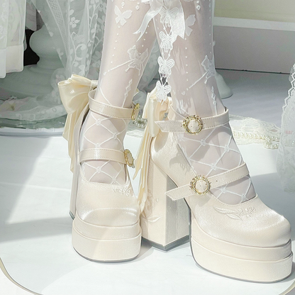 the Bowknot Detachable Platform Lily Mary Embroidery Heel Valley Champagne Janes of High Block