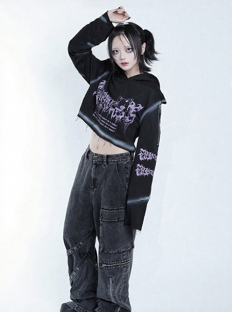 Dark Style Purple & Black Cat Symbol Graphic Cropped Hoodie with Shoulder Zip - Tribuo Flos