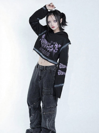 Dark Style Purple & Black Cat Symbol Graphic Cropped Hoodie with Shoulder Zip - Tribuo Flos