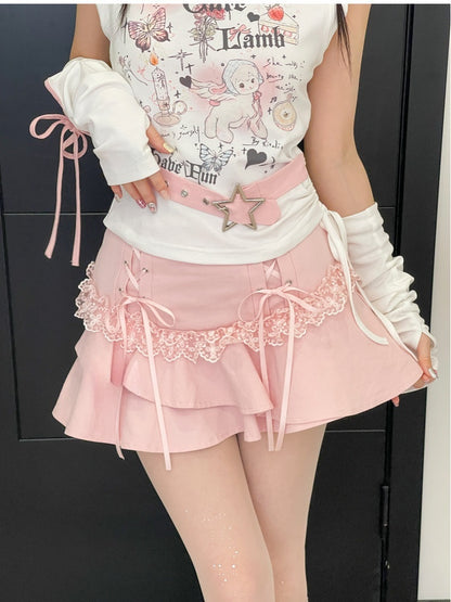 Stufenrock mit Schnürdetails Pink Y2K Asymmetrisch Kawaii Yume