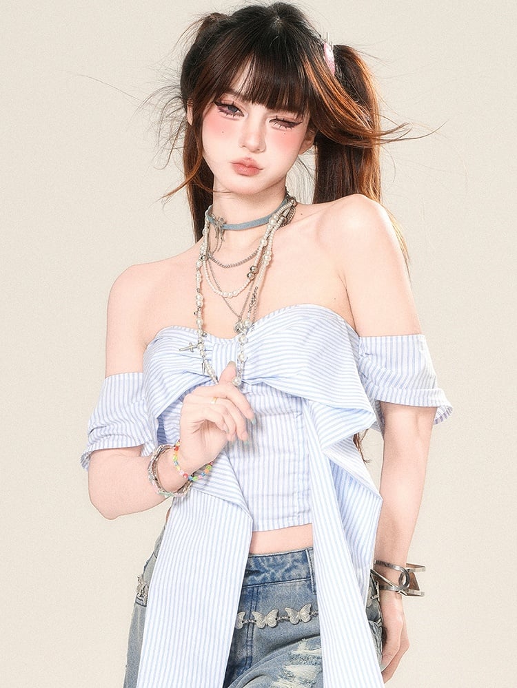 Striped Neckline Glamorous Top Blue Big Bow Cropped