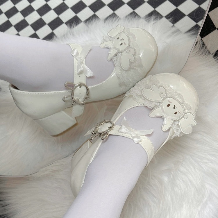 Applique Accents Low/Mid Wing Heels Sweet White - Lolita Toe Round Rabbit