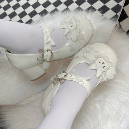 Applique Accents Low/Mid Wing Heels Sweet White - Lolita Toe Round Rabbit