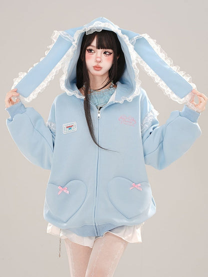 Blau/Apricot – Kapuzenjacke mit Spitzenbesatz und Hasenohren