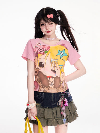 ピンクのY2K漫画ガールプリントTシャツ/キャミソールトップ