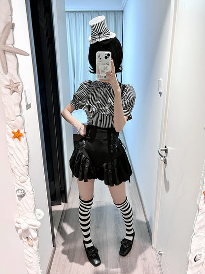 Black Striped Short Sleeve Gothic Lolita Blouse with Jabot - Flower Fairy Daily