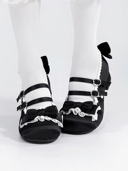 Round Low-heel with Lolita Toe Lace Black Shoes Ruffle Sweet -