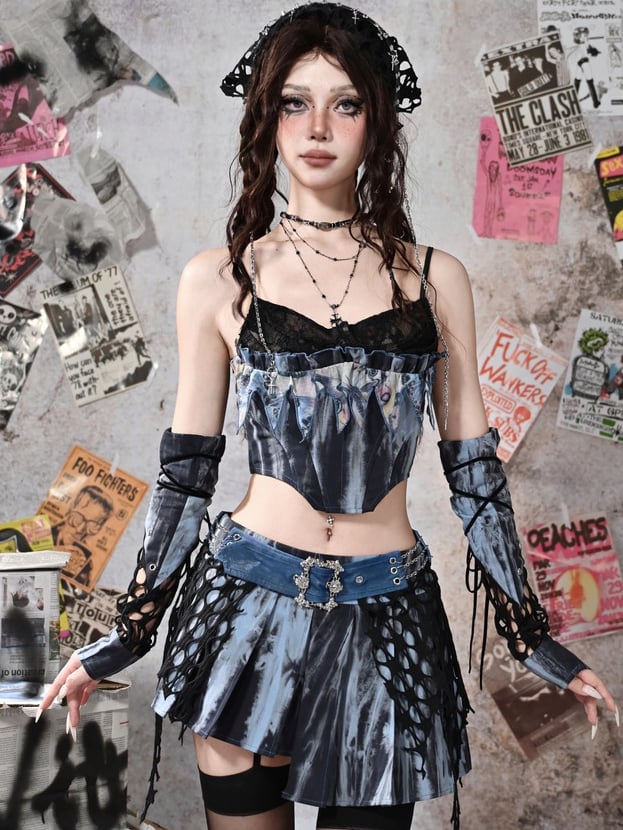 Grunge Punk Rock Fee Blau Asymmetrischer Saum Tie Dye Faltenrock mit Gratis Kettengürtel