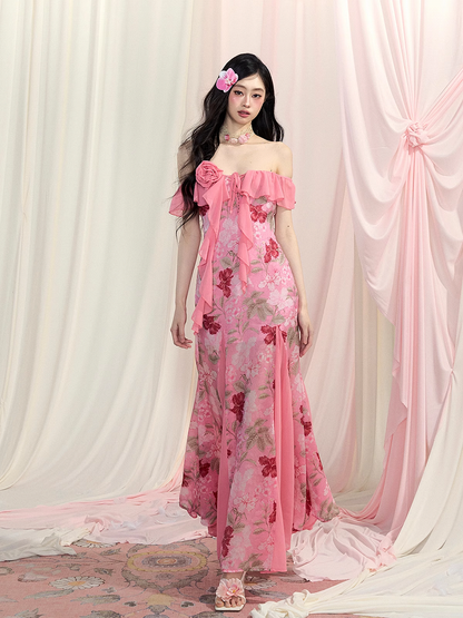 Rose Manor Pink Off-the-Shoulder Cascading Ruffle Accents Floral Chiffon Dress