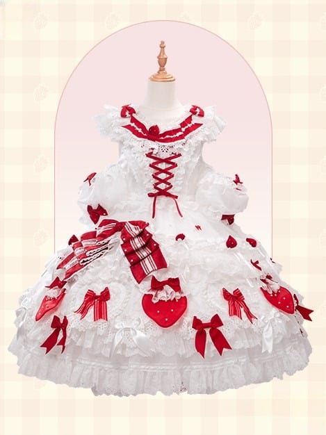 Red and Accents Lace Ruffles with Dress Lolita White Sweet Bow Layered