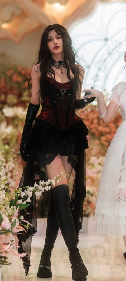 ゴス スパイダーウェブ レース ワインレッド ヴァンパイア ボーンド コルセット