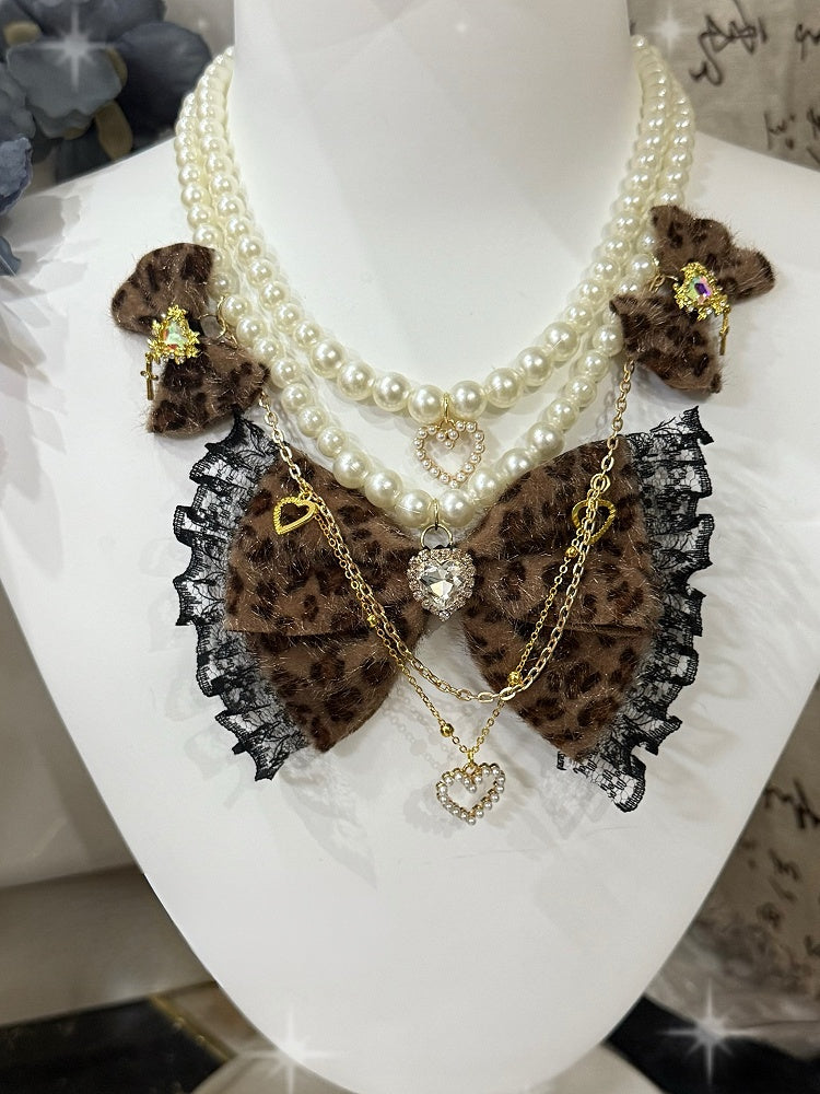 Rhinestone Color Pendant Options Heart 4 Beaded Pattern And Bowknot Leopard Necklace